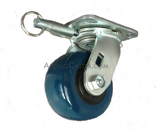 (image for) Caster; Swivel; 5" x 2"; PolyU on PolyO (Blue); Top Plate; 4x4-1/2; holes: 2-5/8x3-5/8 (slotted to 3x3); 3/8 bolt; Zinc; Roller brng; Position Lock (Item #69375) - Click Image to Close