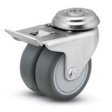 (image for) Caster; Dual Wheel; Swivel; 3" x 1" (x2); Thermoplastized Rubber (Gray); Hollow Kingpin (1/2" bolt); Zinc; Precision Ball Brng; 220#; Total Lock; Thread guards (Item #67385)
