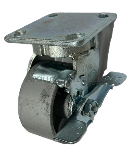 (image for) Caster; Swivel; 4" x 2"; Cast Iron; Plate (4"x4-1/2"; holes: 2-5/8"x3-5/8" slots to 3"x3"; 3/8" bolt); Zinc; Roller Brng; 1000#; Kingpinless; Tread brake (Item #68750) - Click Image to Close