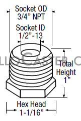 (image for) Socket; 1" O.D. x 1/2" I.D.; Steel; 3/4" NPT Thread; accepts 1/2" x 13TPI Threaded Stem casters; height 1" (Item #89452)