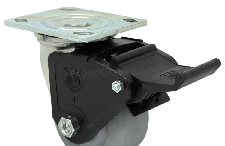 (image for) Caster; Swivel; 4" x 2"; Thermoplastized Rubber (Black); Plate (4"x4-1/2"; holes: 2-5/8"x3-5/8" slots to 3"x3"; 3/8" bolt); Zinc; Roller Brng; 300#; Pedal Brake (Item #64055)