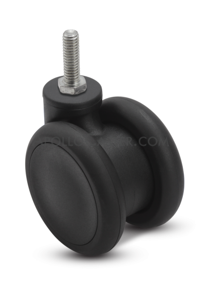 (image for) Caster; Twin Wheel; Swivel; 65mm; Thermoplastized Rubber (Black); Threaded Stem (3/8"-16TPI x 3/4"); Black; Riveted Axle; 110# (Item #63465)