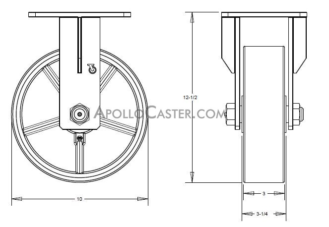 (image for) Caster; Rigid; 10" x 3"; PolyU on Cast Iron (Gr/Bk); Top Plate (6-1/4"x7-1/2": holes: 4-1/8"x6" slotted to 4-1/2"x6-1/8"; 1/2" bolt); Zinc; Tapered Brng; 4000# (Item #65879)