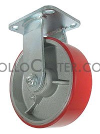 (image for) Caster; Rigid; 8" x 2"; PolyU on Cast Iron; Plate; 4"x4-1/2"; holes: 2-5/8"x3-5/8" (slotted to 3"x3"); 3/8" bolt; Zinc; Roller Brng; 1250# (Red or green tread) (Item #67547)