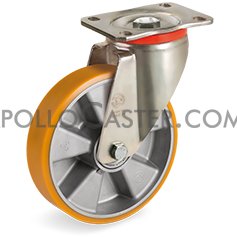 (image for) Caster; Swivel; 150mm x 40mm; PolyU (Orange) on Alum; Plate (110mmx140mm: holes: 80mmx105mm; 11mm bolt); Zinc; Precision Ball Brng; 1100# (Item #64425)