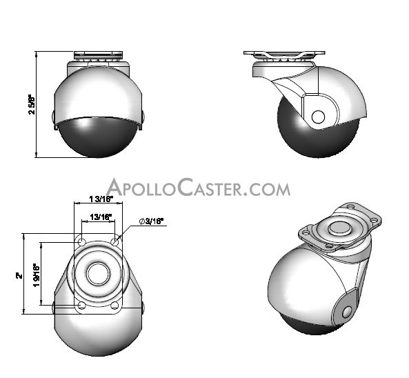 (image for) Caster; Spherical; Swivel; 2"; Polyolefin; Top Plate; 1-3/16"x2"; holes: 13/16x1-9/16; 3/16 bolt; Antique; 80# (Item #69095) - Click Image to Close