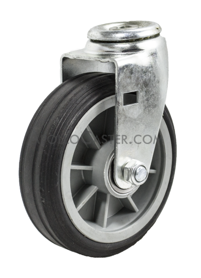 (image for) Caster; Swivel; 6" x 2"; Solid Rubber on Plastic Hub (Grey); Hollow Kingpin (1/2" bolt hole); Ball Brng; 350#; Ribbed Tread (Item #64281)