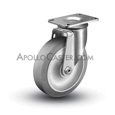 (image for) Caster; Swivel; 5" x 1-1/4"; Thermoplastized Rubber (Gray); Plate (2-1/2"x3-5/8": holes: 1-3/4"x2-13/16" (slot to 3-1/16"); 5/16" bolt); Zinc; Ball Brng; 325# (Item #63772)