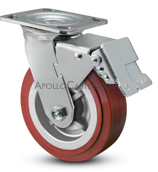 (image for) Caster; Swivel; 6"x2"; PolyU on PolyO (Red or Blue); Plate; 4"x4-1/2"; holes: 2-5/8"x3-5/8" (slots to 3"x3"); 3/8" bolt; Roller Brng; 900#; Total Lck (Trailing) (Item #63978)