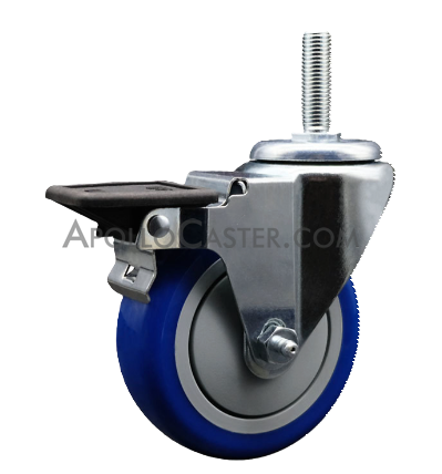 (image for) Caster; Swivel; 5" x 1-1/4"; PolyU on PolyO (Blue); Threaded Stem (3/4"-10TPI x 1-3/4"); Zinc; Ball Brng; 300#; Pedal brake; Dust Cover (Mtl); Thread guards (Item #65897)