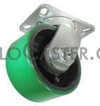 (image for) Caster; Swivel; 8 x 3; PolyU on Cast (Green/Bk); Plate (4-1/2x6-1/4; holes: 2-7/16x4-15/16 slotted to 3-3/8x5-1/4; 1/2 bolt); Sealed Prec Ball Brng; Kingpinless (Item #66557)