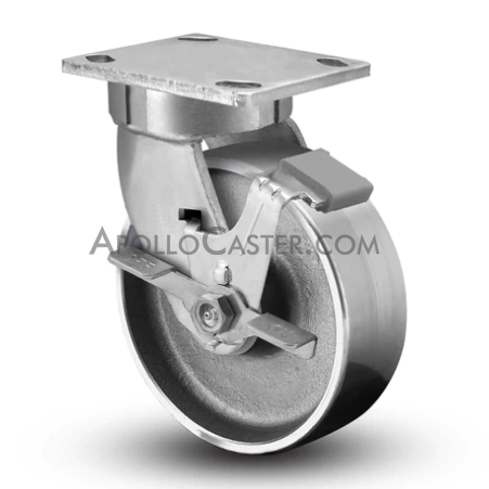(image for) Caster; Swivel; 6 x 2; Cast Iron; Top Plate; 4x4-1/2; hole spacing: 2-5/8x3-5/8 (slotted to 3x3); 3/8 bolt; Zinc; Roller Brng; 1200#; Kingpinless; Tread Brake (Item #65432)