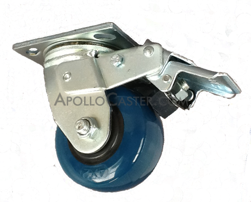 (image for) Caster; Swivel; 8" x 2"; PolyU on PolyO; Plate (4"x4-1/2"; holes: 2-5/8"x3-5/8" slots to 3"x3"; 3/8" bolt); Zinc; Roller Brng; 950#; Trailing Total lock (Item #64206)