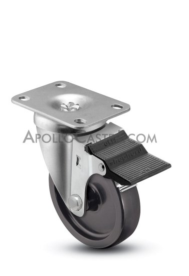 (image for) Caster; Swivel; 3x1-1/4; Polyolefin (Dark); Top Plate (2-3/8x3-5/8; holes: 1-3/4x2-7/8 slotted to 3; 5/16 bolt); Zinc; Plain bore; 300#; Pedal Brake (Item #67286)