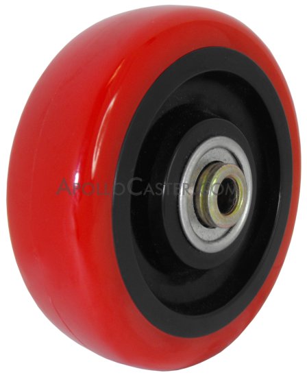 (image for) Caster; Swivel; 5"x1-1/2"; PolyU on PolyO (Red); Plate (4x4-1/2; holes: 2-5/8x3-5/8 slotted to 3x3; 3/8 bolt); Zinc; Roller Brng; 600#; Tread Brake (Item #67001)