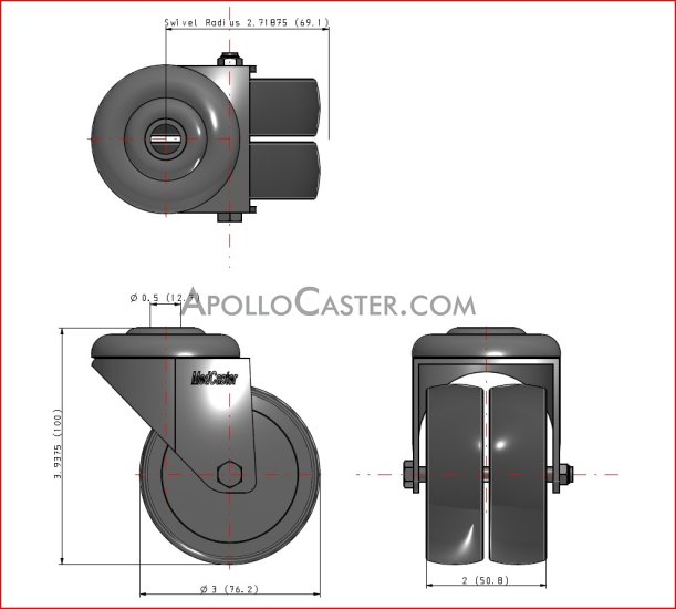 (image for) Caster; Dual Wheel; Swivel; 3" x 1" (2 wheels); Thermoplastized Rubber (Gray); Hollow Kingpin (1/2" bolt hole); Zinc; Prec BB; 220#; Thread guards (Item #65625)