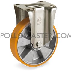 (image for) Caster; Rigid; 150mm x 40mm; PolyU (Orange) on Alum; Plate (110mmx140mm: holes: 80mmx105mm; 11mm bolt); Zinc; Precision Ball Brng; 1100# (Item #64426)