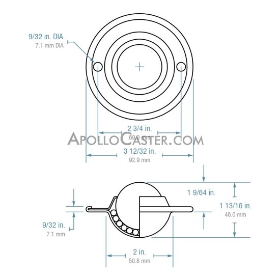 (image for) Ball Transfer; Low Profile; 1-1/2" Stainless Steel ball; Flange (3-11/16" diameter: two 1/4" holes: 2-3/4" apart); CarbonSteel flange; 200#; 1-1/8" profile (Item #88817) - Click Image to Close