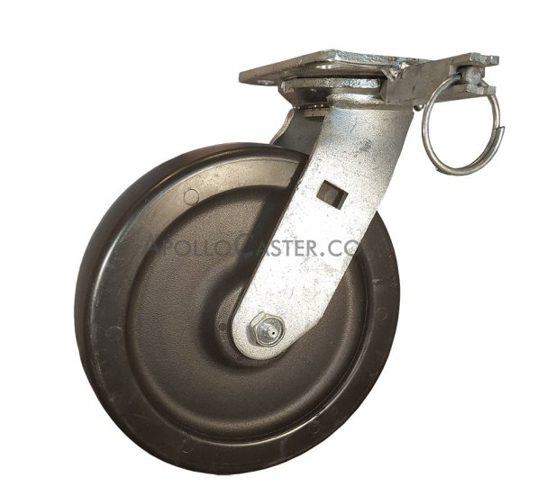 (image for) Caster; Swivel; 6" x 2"; Polyolefin; Plate (4"x4-1/2"; holes: 2-5/8"x3-5/8" slotted to 3"x3"; 3/8" bolt); Zinc; Roller Brng; 700#; Position Lock (4-way) (Item #66020)