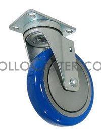 (image for) Caster; Swivel; 5"x1-1/4"; PolyU on PolyO (Blue); Plate (2-1/2x3-5/8; holes: 1-3/4x2-7/8 slotted to 3; 5/16 bolt); Zinc; Ball Brng; 300#; TG (Item #67416)