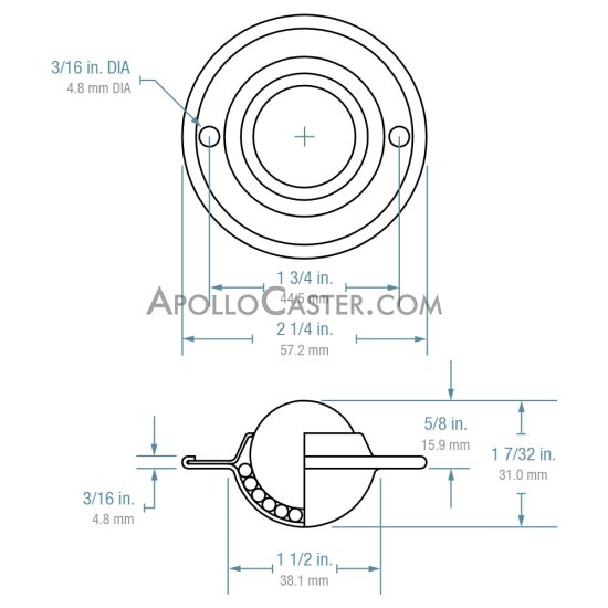 (image for) Ball Transfer; 1"; Nylon Ball; Flange; Round (2-1/4" diameter: two holes: 1-3/4" apart); Carbon Steel housing; 75#; Load height: 5/8"; Recessed depth 5/8" (Item #88854) - Click Image to Close