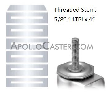 (image for) Caster; Swivel; 4" x 1-1/4"; Thermoplastized Rubber (Gray); Threaded Stem (5/8"-11TPI x4"); Stainless Steel; Delrin Spanner; 250#; Total Lock (Item #66381)