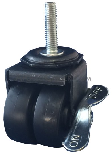 (image for) Caster; Dual Wheel; Swivel; 2" x 7/8" (x2); Rubber (Non-marking); Threaded Stem (3/8"-16TPI x 1-1/2"); Black Rig; Plain bore; 225#; Side Friction Brake (Item #65735) - Click Image to Close