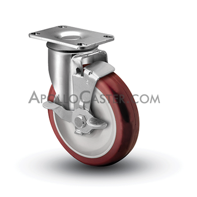 (image for) Caster; Swivel; 4" x 1-1/4"; PolyU on PolyO (Red); Plate (2-1/2"x3-5/8": holes: 1-3/4"x2-13/16" (slot to 3-1/16"); 5/16" bolt); Zinc; Ball Brng; 275#; Brake (Item #63777)