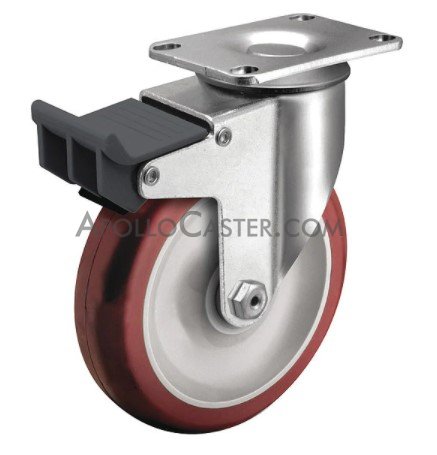 (image for) Caster; Swivel; 4" x 1-1/4"; PolyU on PolyO (Red); Plate (2-1/2"x3-5/8": holes: 1-3/4"x2-13/16" (slot to 3-1/16"); 5/16" bolt); Ball Brng; 275#; Total Lock Brk (Item #63776)