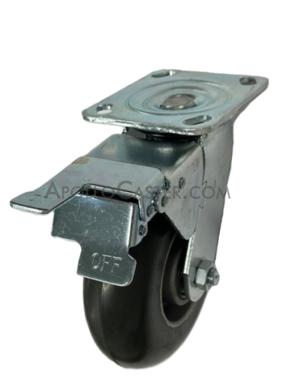 (image for) Caster; Swivel; 6" x 2"; Donut Rubber on Alum; Plate; 4"x4-1/2"; holes: 2-5/8"x3-5/8" (slots to 3"x3"); 3/8" bolt; Roller Brng; 400#; Trailing Total Lock Brake (Item #63881)