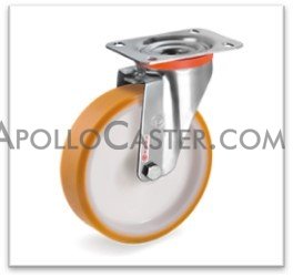 (image for) Caster; Swivel; 150mm x 40mm; PolyU on PolyO (Color Varies); Plate (110mmx140mm: holes: 80mmx105mm; 11mm bolt); Stainless; Ball Brng; 660# (Item #63273)
