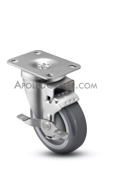 (image for) Caster; Swivel; 5" x 1-1/4"; PolyU on PolyO (Gray); Plate (2-5/8"x3-3/4"; holes: 1-3/4"x2-3/4"slots to 3"); Prec BB; 300#; Brgn Cover; Dust Cover; Brake (Item #63845)