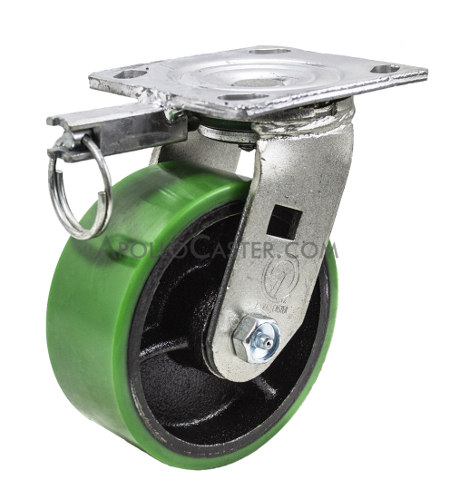 (image for) Caster; Swivel; 6" x 2"; PolyU on Cast Iron; Plate (4"x4-1/2"; holes: 2-5/8"x3-5/8" slotted to 3"x3"; 3/8" bolt); Zinc; Roller Brng;1200#; Position Lock (Item #66034) - Click Image to Close