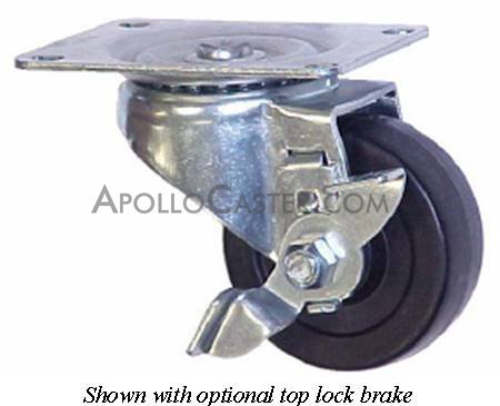 (image for) Caster; Swivel; 3 x 1-1/4; Polyolefin; Top Plate; 2-1/2x3-5/8; holes: 1-3/4x2-7/8 (slotted to 3); 5/16 bolt; Zinc; Plain bore; 250#; Top lock brake; Dustcap (Item #68741)
