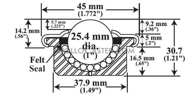 (image for) Ball Transfer; 1"; Nylon Ball; Round Drop-in Base (1-1/2" x 11/16"); Machined Steel Housing; 440#; 9/16" Load Height; Weep Hole(s) (Item #88169)