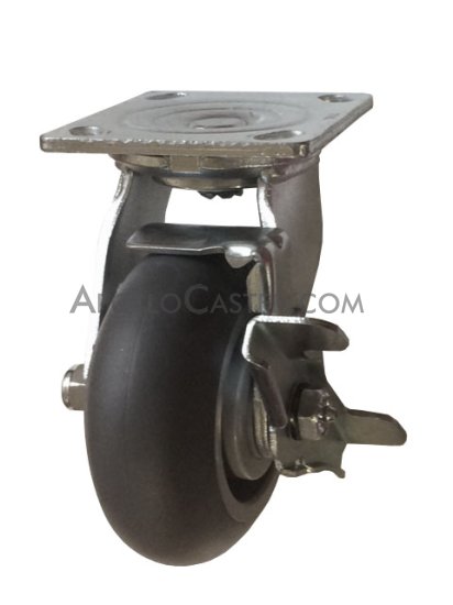 (image for) Caster; Swivel; 4 x 2; ThermoPlstc Rbr; Round; Top Plate; 5x5-1/2; holes: 4-1/8x4-1/2; 7/16 bolt; Zinc; Roller Brng; 300#; Top lock brake; Zerk Axle (Item #69148)
