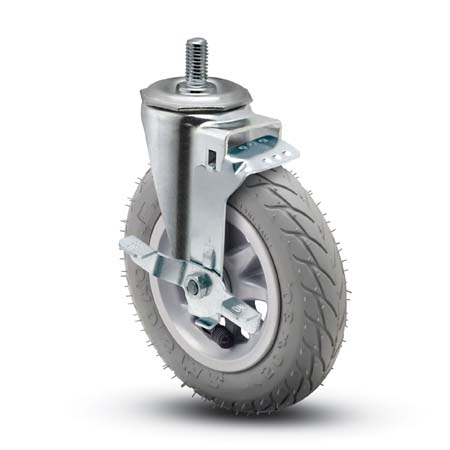Caster; Swivel; 6" x 1-1/4"; Foam-Filled Flat Free Tire (Gray); Threaded Stem (1/2"-13TPI x 1"); Zinc; Ball Brng; 150#; Tread brake (Item #64103)