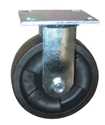 Caster; Rigid; 8" x 2"; Glass/ Nylon Hi-Temp; Plate (4"x4-1/2"; holes: 2-5/8"x3-5/8" slots to 3"x3"; 3/8" bolt); Zinc; Rlr Brng; 1400#; Warranty; (475 deg) (Item #63462)
