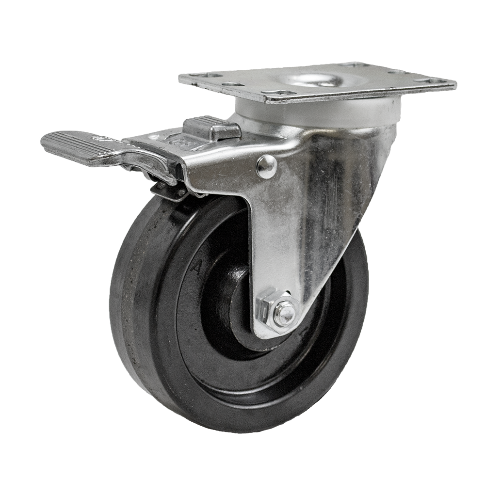 Caster; Swivel; 4" x 1-1/4"; Phenolic; Plate (2-1/2"x3-5/8"; holes: 1-3/4"x2-7/8" slotted to 3"; 5/16" bolt); Steel Spanner; 350#; Dust Cover (Mtl); Total Lock (Item #64126)