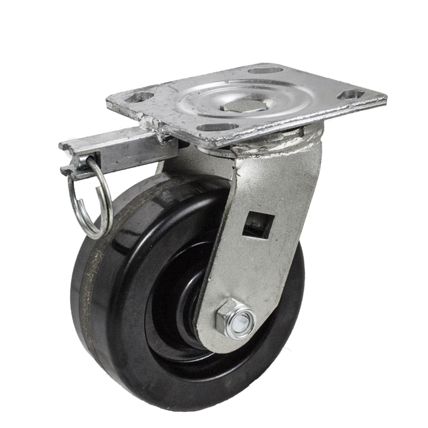Caster; Swivel; 8 x 2; Phenolic; Plate; 4-1/2x6-1/4; hole spacing: 2-7/16x4-15/16 (slotted to 3-3/8x5-1/4); 1/2 bolt; Zinc; Roller Brng; 1400#; Position Lock (Item #66086)