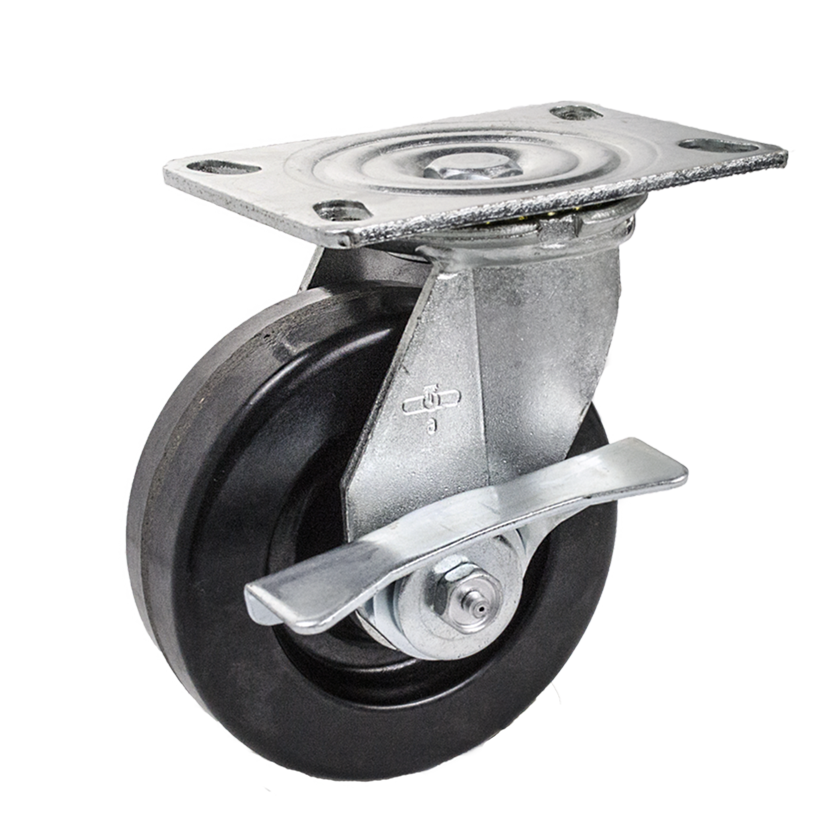 Caster; Swivel; 6" x 2"; Phenolic; Top Plate (4-1/2"x6-1/4"; holes: 2-7/16"x4-15/16" slotted to 3-3/8"x5-1/4"; 1/2" bolt); Zinc; Roller Brng; 1200#; A-Cam Brake (Item #66087)