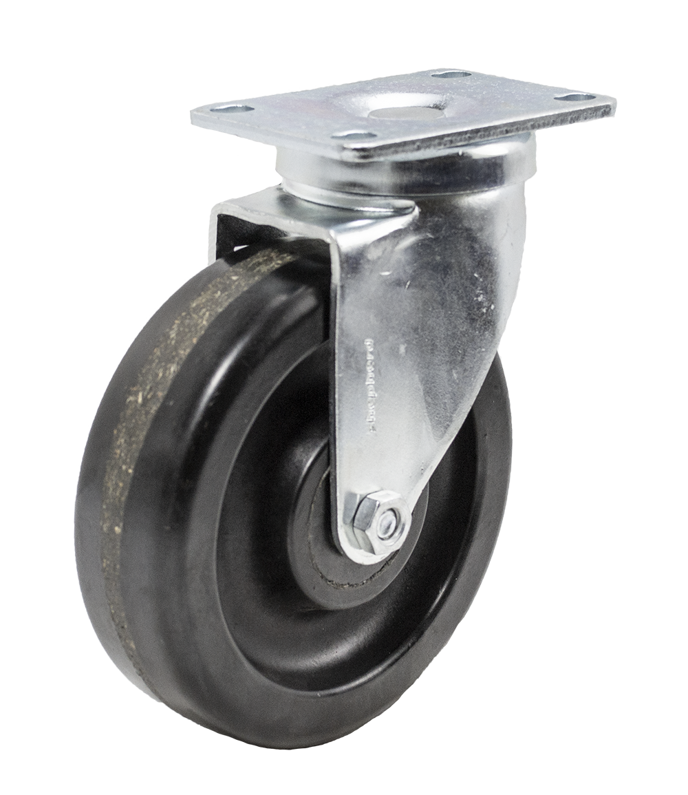 Caster; Swivel; 4" x 1-1/2"; Phenolic; Plate (2-1/2"x3-5/8"; holes: 1-3/4"x2-7/8" slotted to 3"; 5/16" bolt); Zinc; Steel Spanner; 400#; Dustcap (Item #63476)