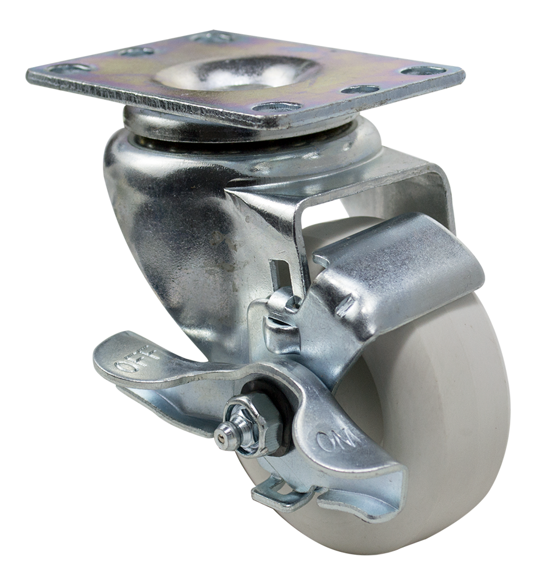 Caster; Swivel; 3" x 1-1/4"; Polyolefin (White); Plate (2-1/2"x3-5/8"; holes: 1-3/4"x2-7/8" slotted to 3"; 5/16" bolt); Zinc; Delrin Spanner; 200#; Brake (Item #64700)