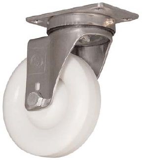 Caster; Swivel; 5" x 1-1/4"; Polyolefin round tread; Plate (2-3/8"x3-5/8"; holes: 1-3/4"x2-7/8" slotted to 3"; 5/16" bolt); Stainless; 300#; Dust Cover (Mtl) (Item #65695)