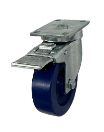 Caster; Swivel; 4" x 1-1/4"; Polyurethane (Solid); Plate (2-5/8"x3-3/4"; holes: 1-3/4"x2-3/4" slots to 3"; 5/16" bolt); Zinc; 300#; Dust Cover; Total Lock Brake (Item #63899)