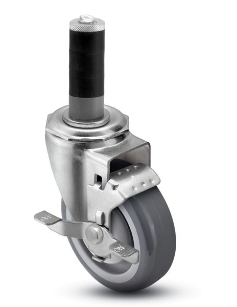 Caster; Swivel; 5" x 1-1/4"; PolyU on PolyO (Gray); Expandable Adapter (1-1/2" - 1-9/16" ID tubing); Zinc; Precision Ball Brng; 300#; Dust Cover; Brake (Item #63800)