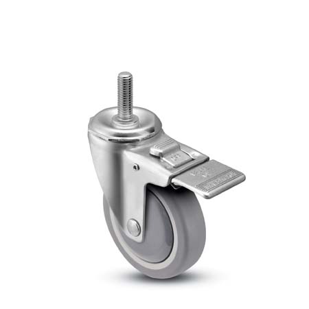 Caster; Swivel; 5" x 1-1/4"; PolyU on PolyO (Gray); Threaded Stem (1/2"-13TPI x 1-1/2"); Stainless; Stainless Ball Brng; 300#; Total Lock (Mtl); Thread guards (Item #65482)