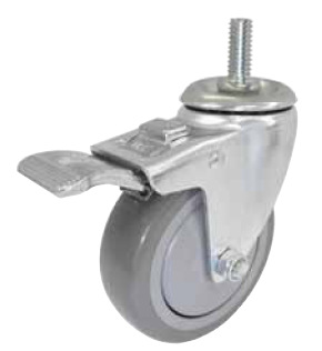 Caster; Swivel; 4 x 1-1/4; PolyU on PolyO (Gray); Threaded Stem (1/2-13TPI x 1-1/2); Stainless; Stainless Ball Brng; 300#; Total Lock; Thread guards (Item #66503)