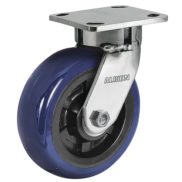 Caster; Swivel; 6" x 2"; PolyU on PolyO (Blue); Plate (4"x4-1/2"; holes: 2-5/8"x3-5/8" slots to 3"x3"; 3/8" bolt); Stainless; Stainless Prec BB; 1100 (Item #63675)