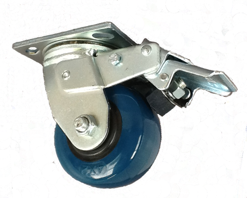 Caster; Swivel; 4" x 2"; PolyU on PolyO (Blue); Plate (4"x4-1/2"; holes: 2-5/8"x3-5/8" (slotted to 3"x3"); 3/8" bolt); Roller Brng; 500#; Total Lock (Trailing) (Item #66441)